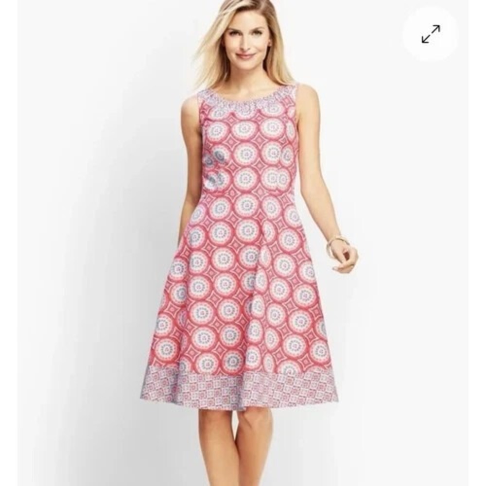 Talbots Petites Red Geometric Medallion Fit & Flare Cotton Dress 4P‎ Sleeveless